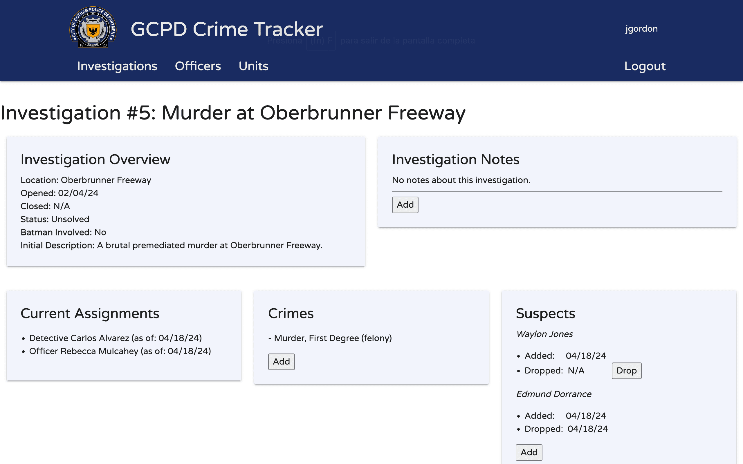 GCPD Crime Tracker's demo screen